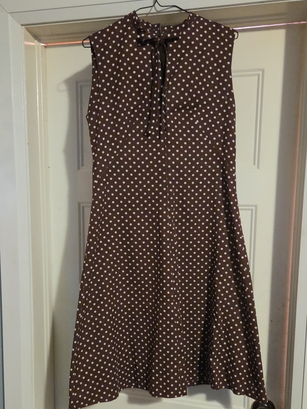 Handmade Sleeveless Brown Polka Dot Tie-Neck Dress